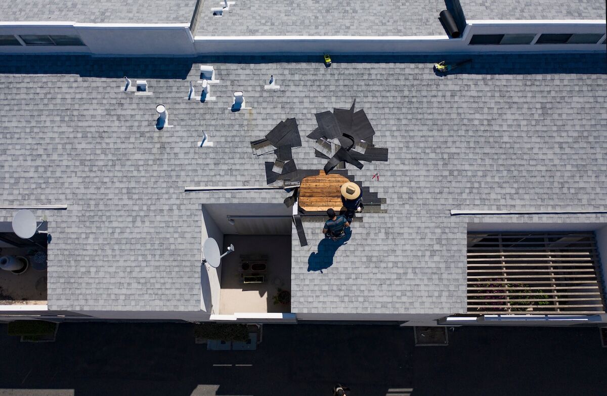 Aerial view of top of roof taken by drone