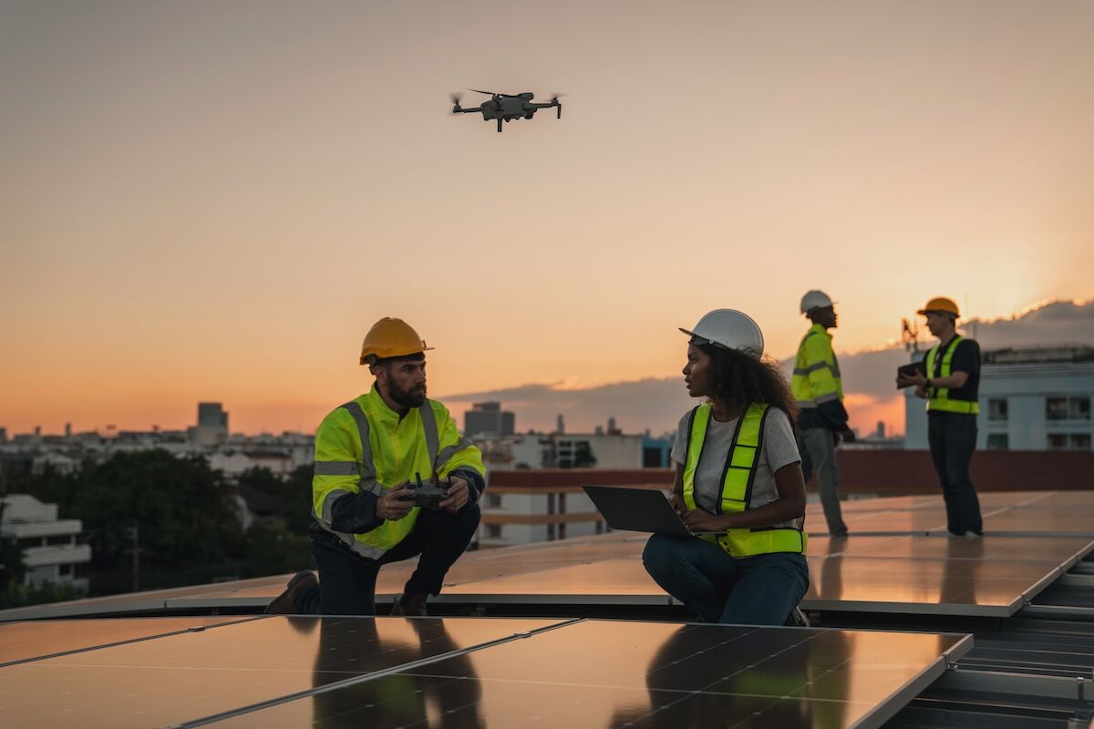 Drone over commercial building
