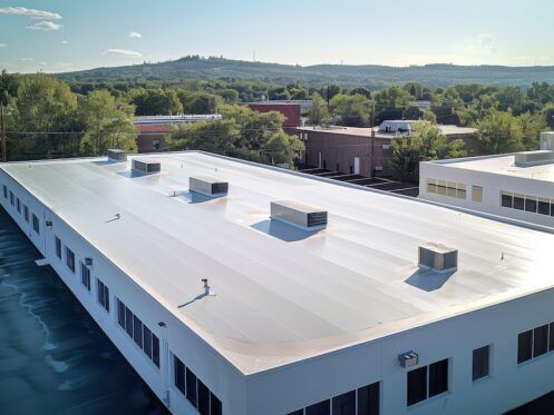 Seamless white PVC commercial flat roof of factory, summer day.