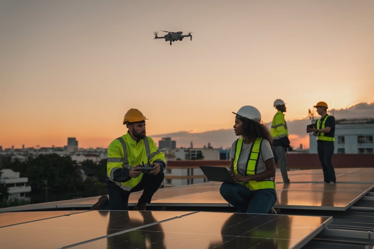 Drone over commercial building