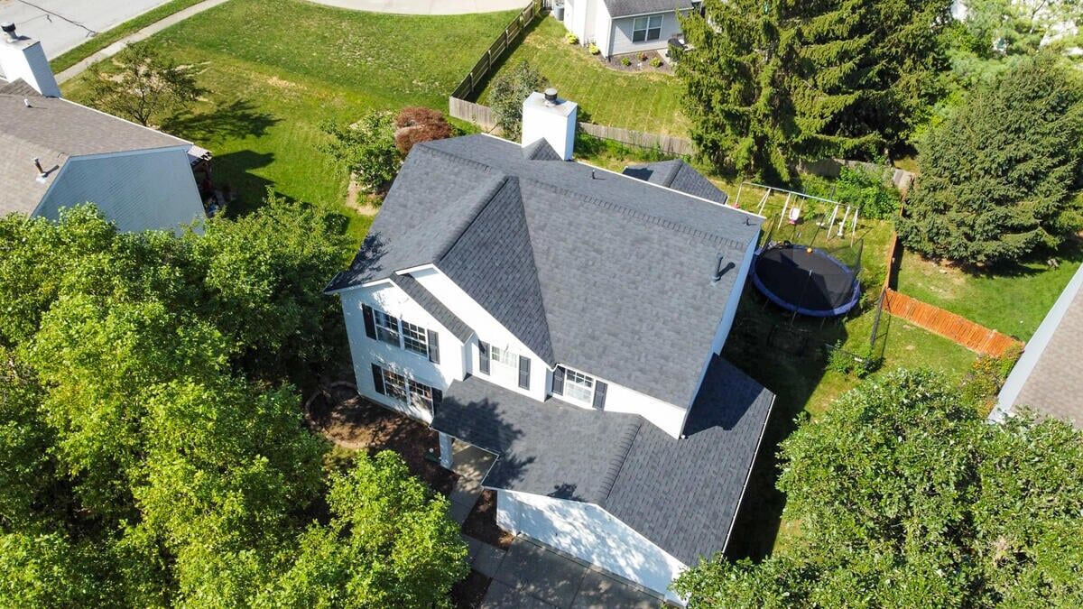 a shingle roof and treetops
