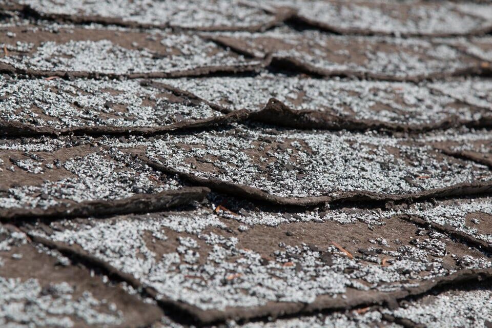 granule loss-very close up image of extreme granule loss on curling shingles