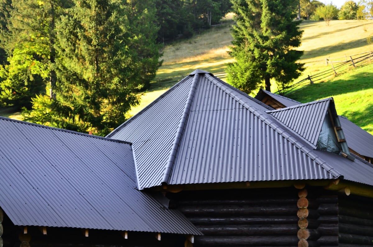 The roof is made of dark embossed metal sheets. Black wooden house in the summer field