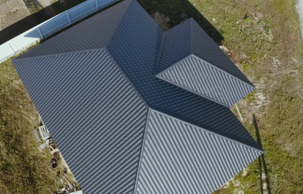 aerial view of a metal roof