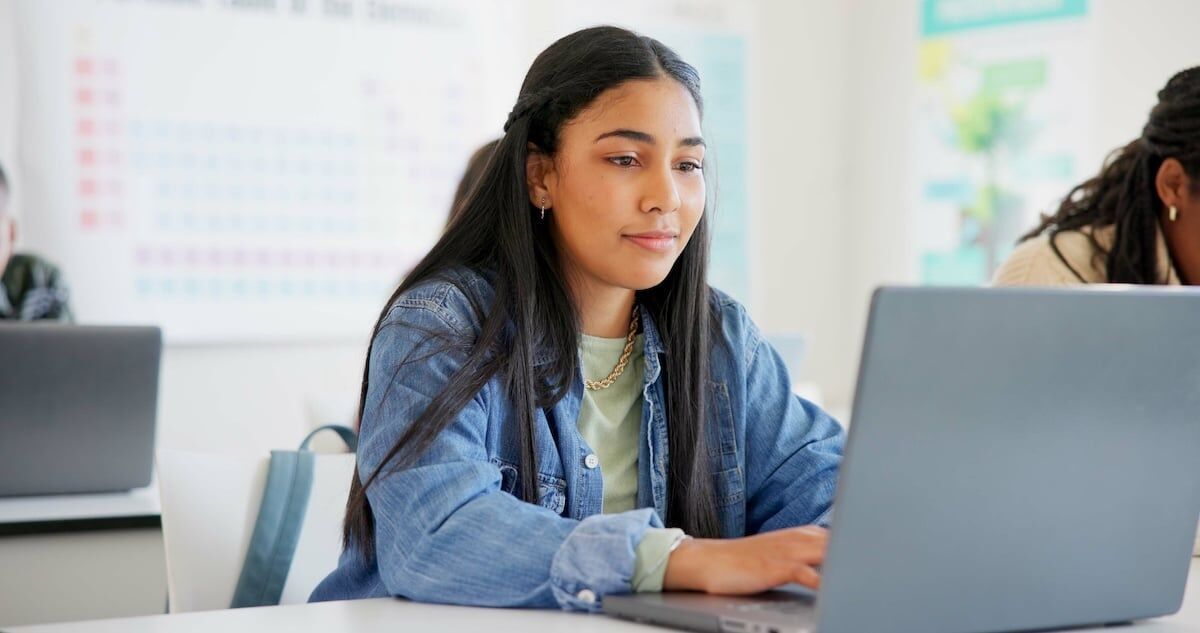 woman researching on computer