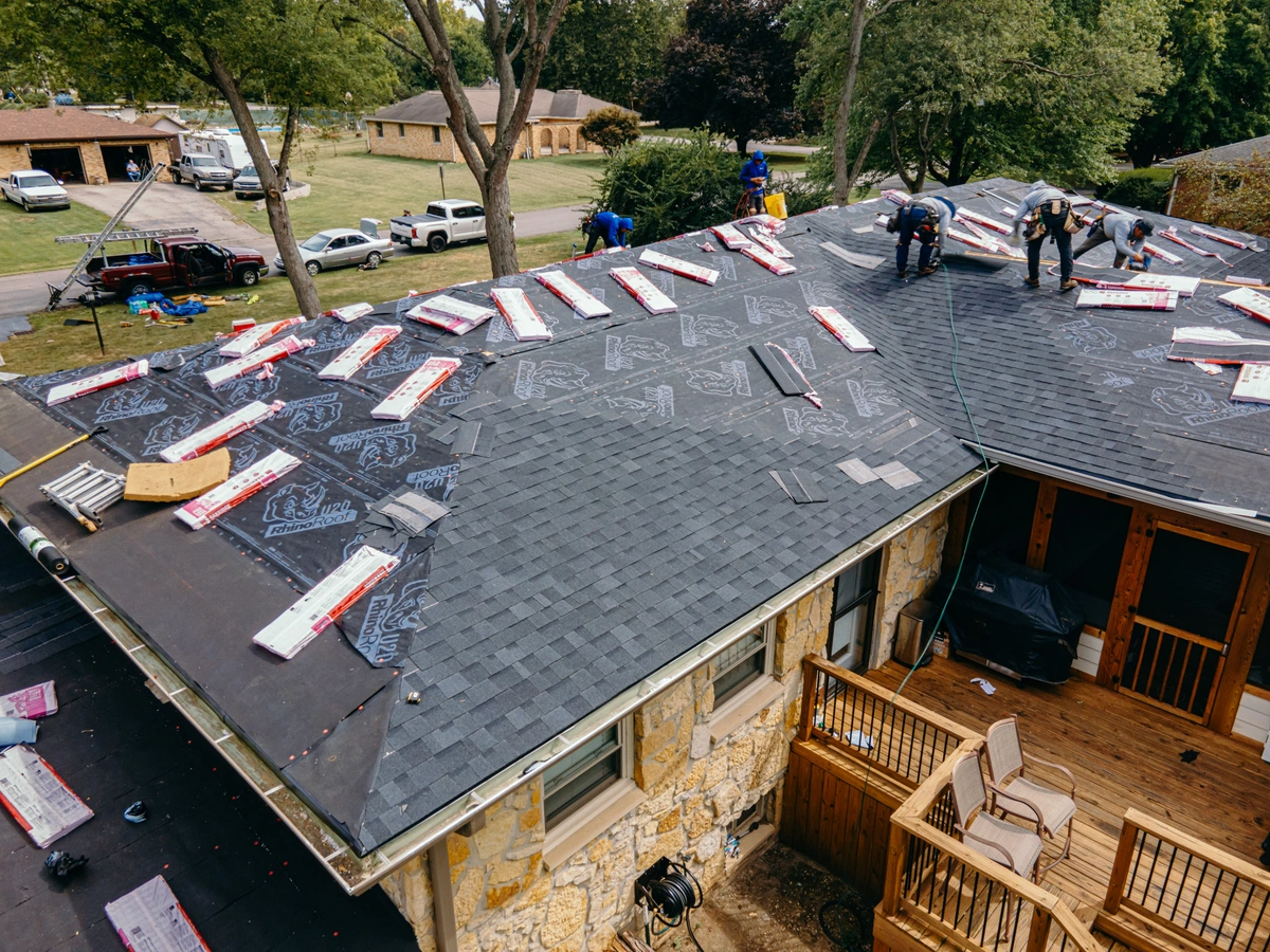 view of a roof midway through a roof replacement from indy roof and restoration