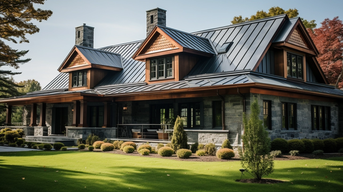 beautiful modern, cabin style home with metal roof and green grass out front