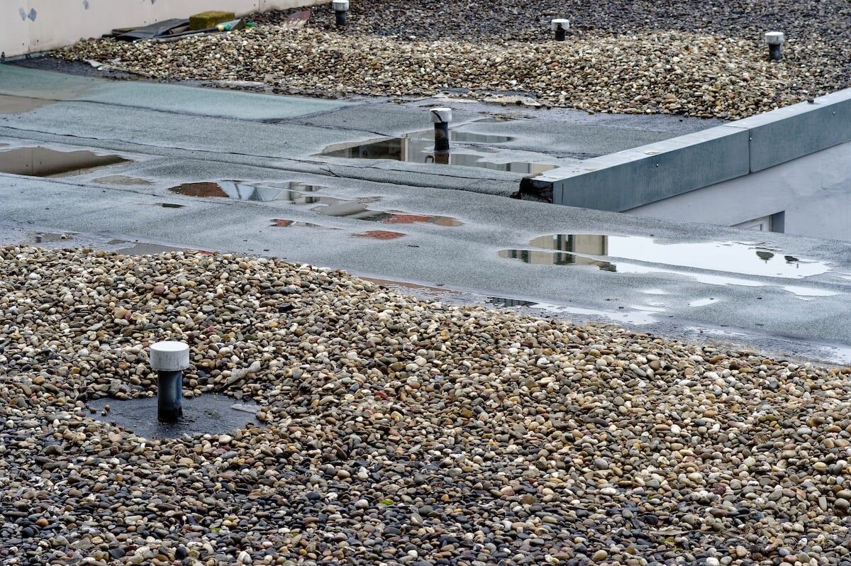 Damaged flat roof with water 